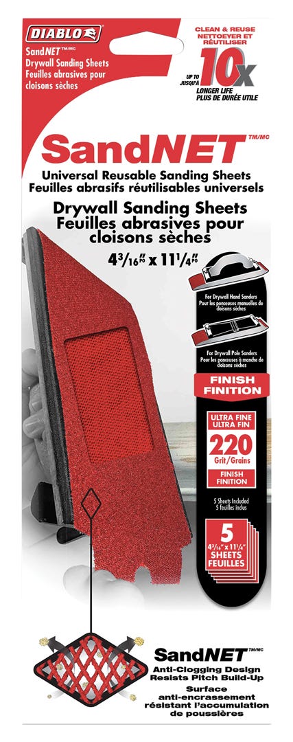 SandNet Drywall Sanding Sheet, 4-3/6 in. X 11-1/4 in., grit 220, 5/Pack