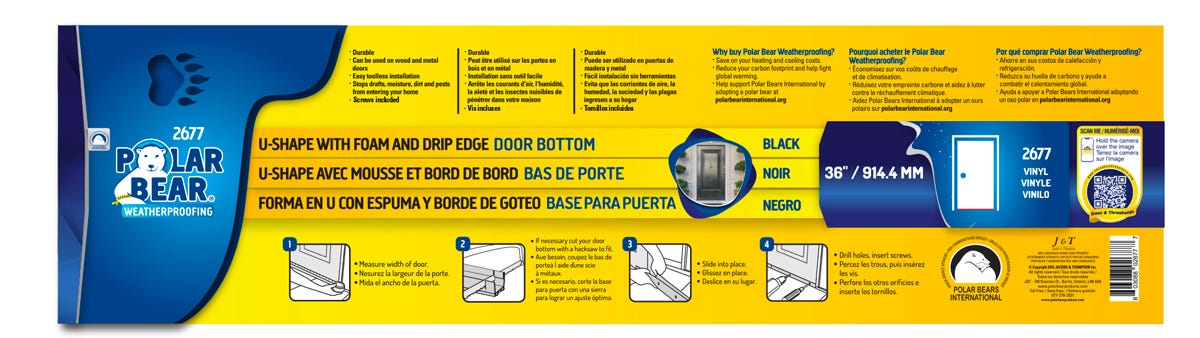 Vinyl Foam and Drip Edge U-Shape Door Bottom, Black, 2-in. X 36-in. X 1.5-in.
