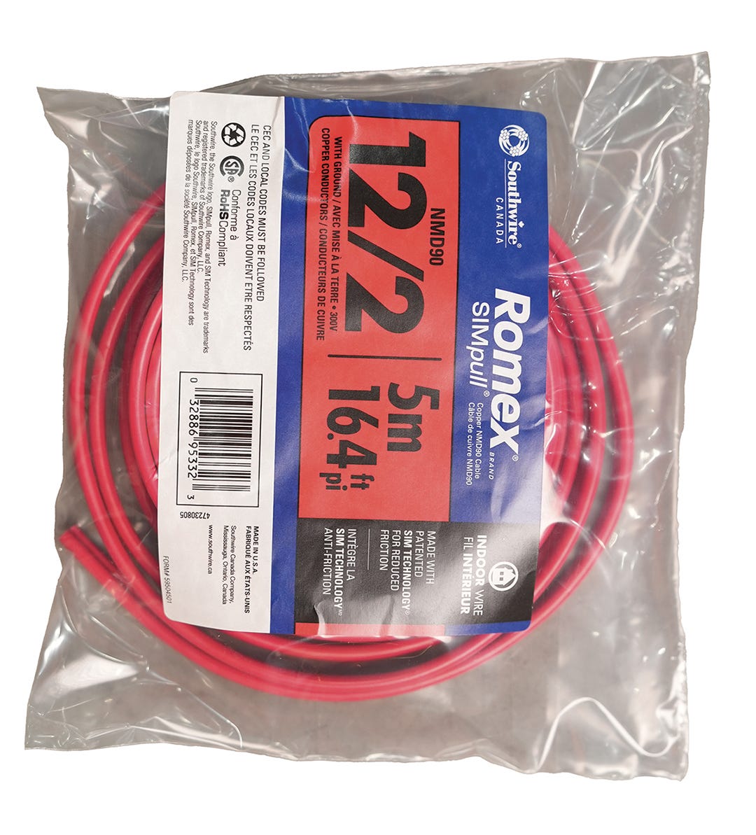 Electrical Wire NMD90, 12/2, Red, 5 m