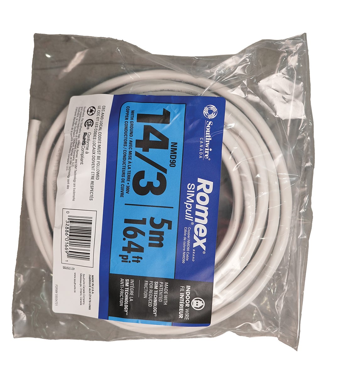 Electrical Wire NMD90, 14/3, White, 5 m
