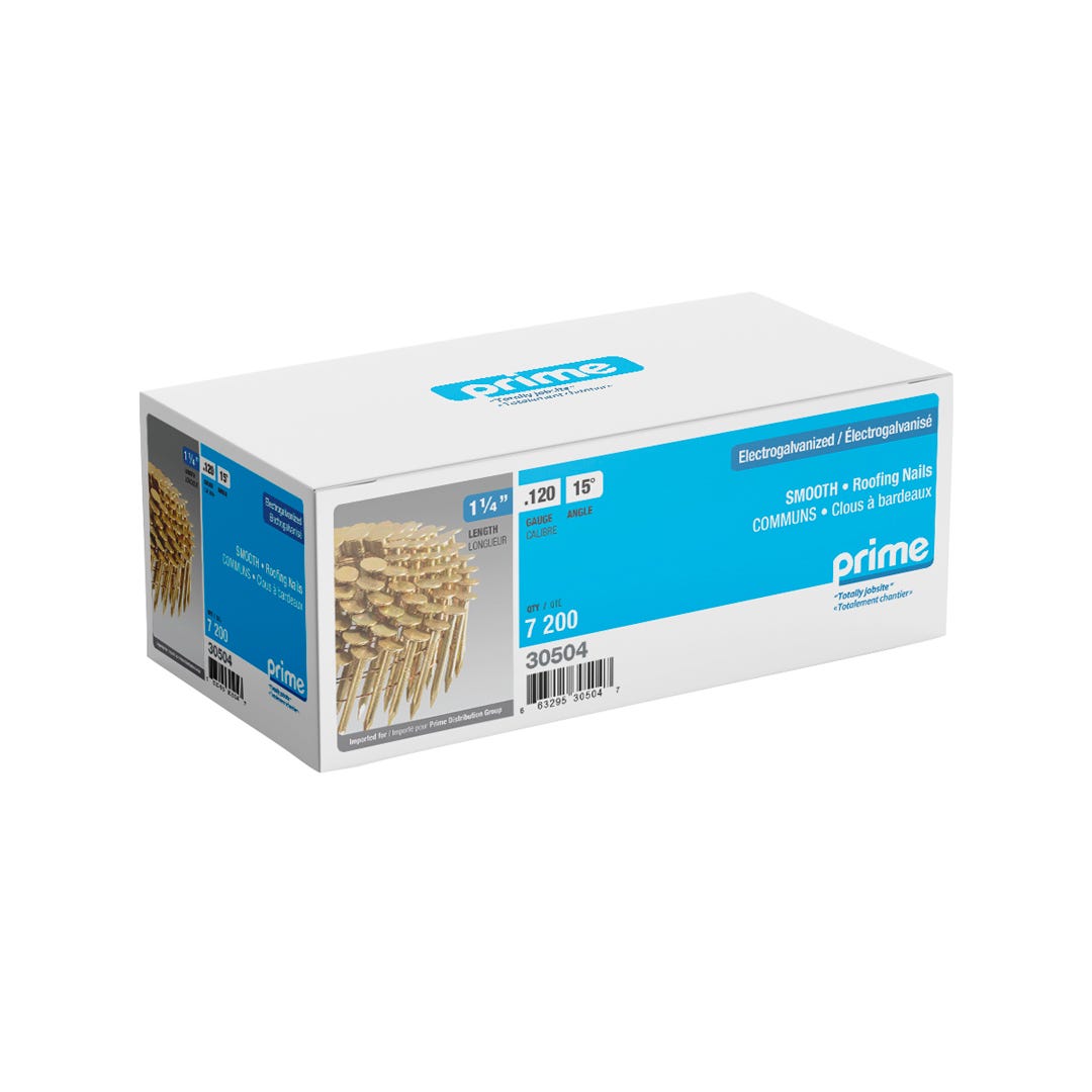Coil Roofing Nails, Electro-Galvanized, Common Shank, 15°, 1-1/4 x .120 in., 7200/Box