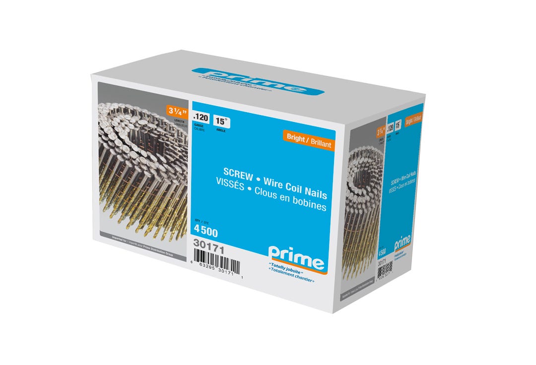 Coil Nails, Spiral Shank, 15°, 3-1/4 x .120 in., 4500/Box