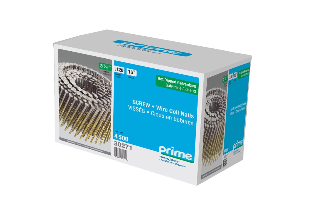 Coil Nails, Hot-Dipped Galvanized, Spiral Shank, 15°, 3-1/4 x .120 in., 4500/Box
