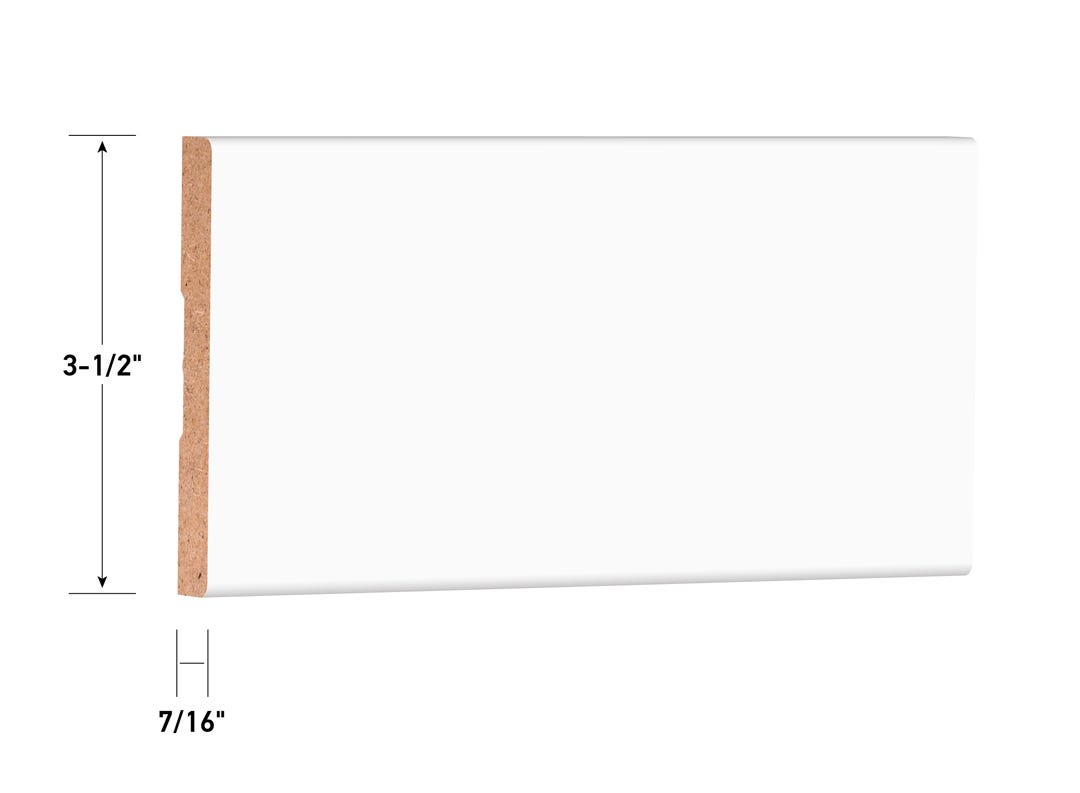 MDF Baseboard, Primed White, 7/16 in. x 3-1/2 in. x 10 ft., 8/Pack