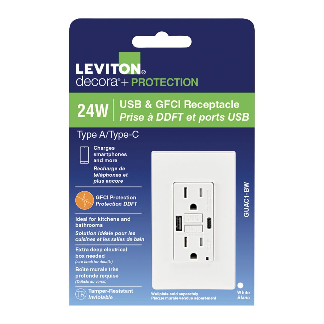 15A GFCI Combination Receptacle Type A/C USB In-Wall Charger, White