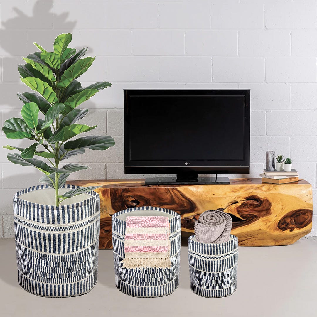Set of 3 Cotton Baskets with Pattern, Large, Gray/Natural