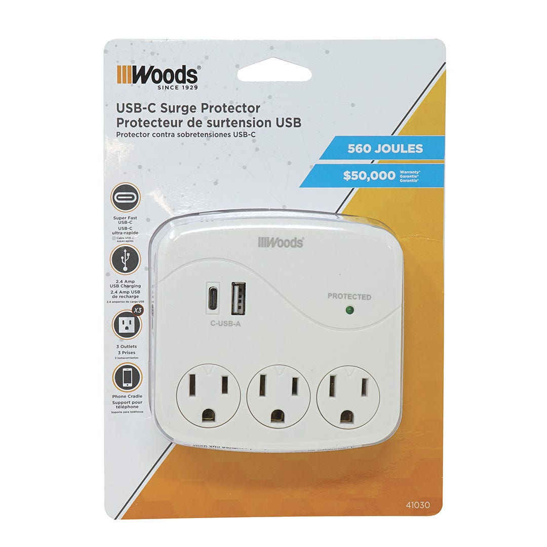 Power Strip with USB A-C Ports, 3 Outlets, 560 Joules