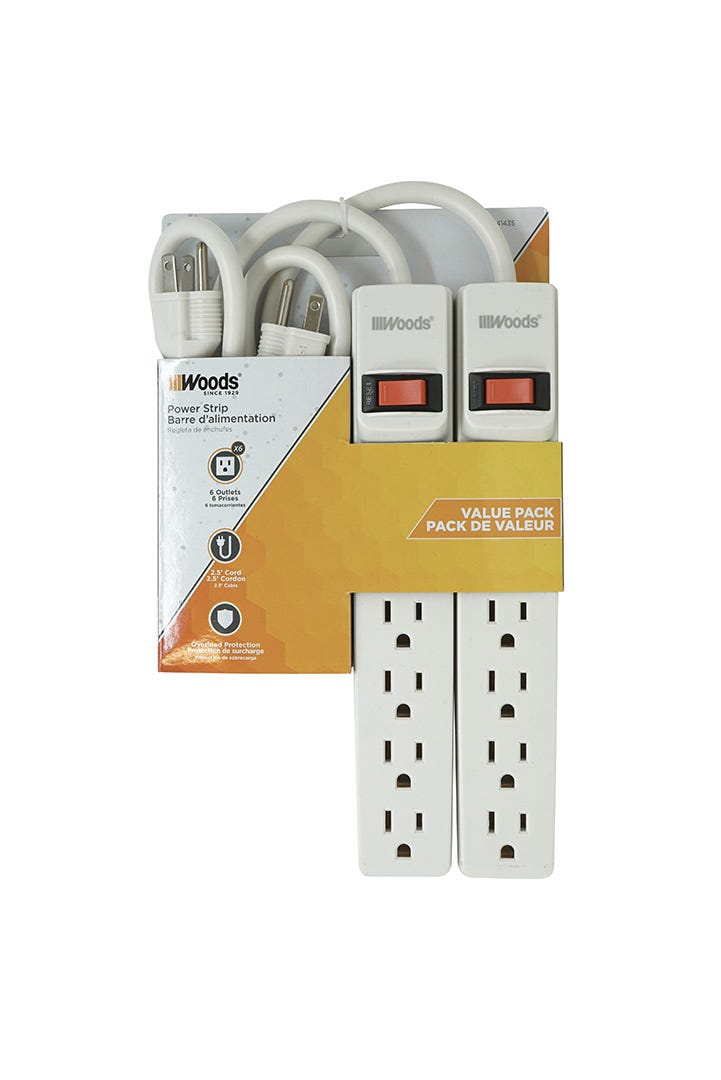 Multiprise Pack, 6 Outlets, 2.5 ft., 2/Pack