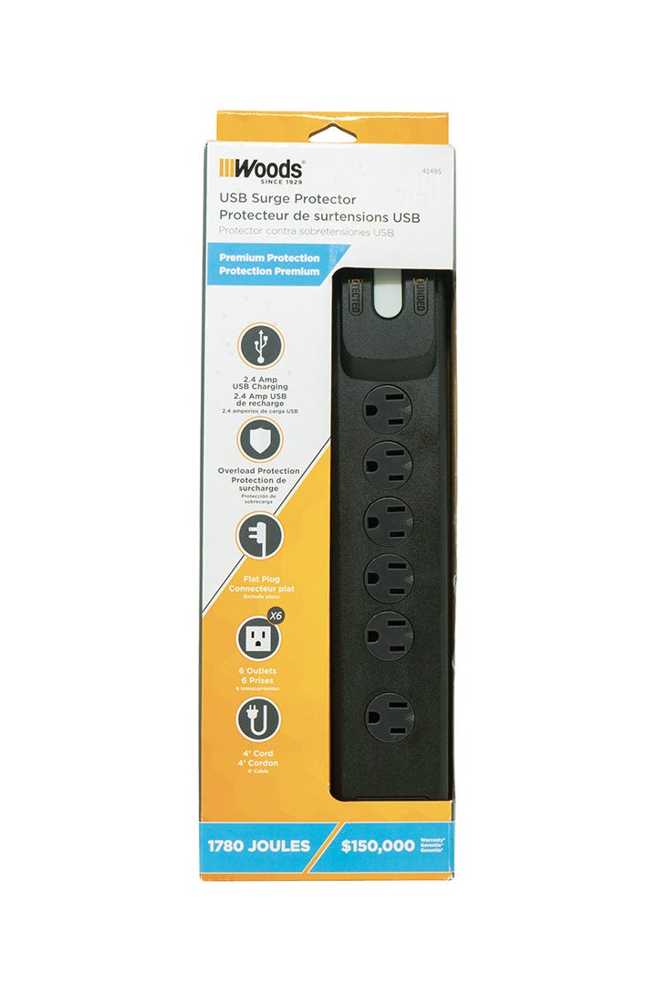Power Strip with USB, 6 outlets, 4 ft., Black