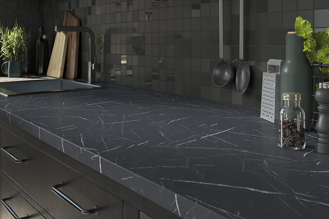 Laminate Countertop, 98-1/2 in. x 25 in. x 1-1/8 in., Black Marble
