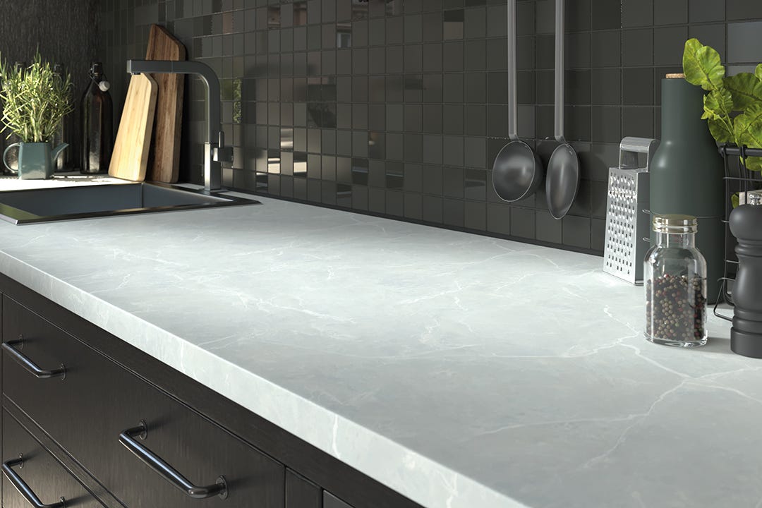 Laminate Countertop, 98-1/2 in. x 25 in. x 1-1/8 in., White Marble
