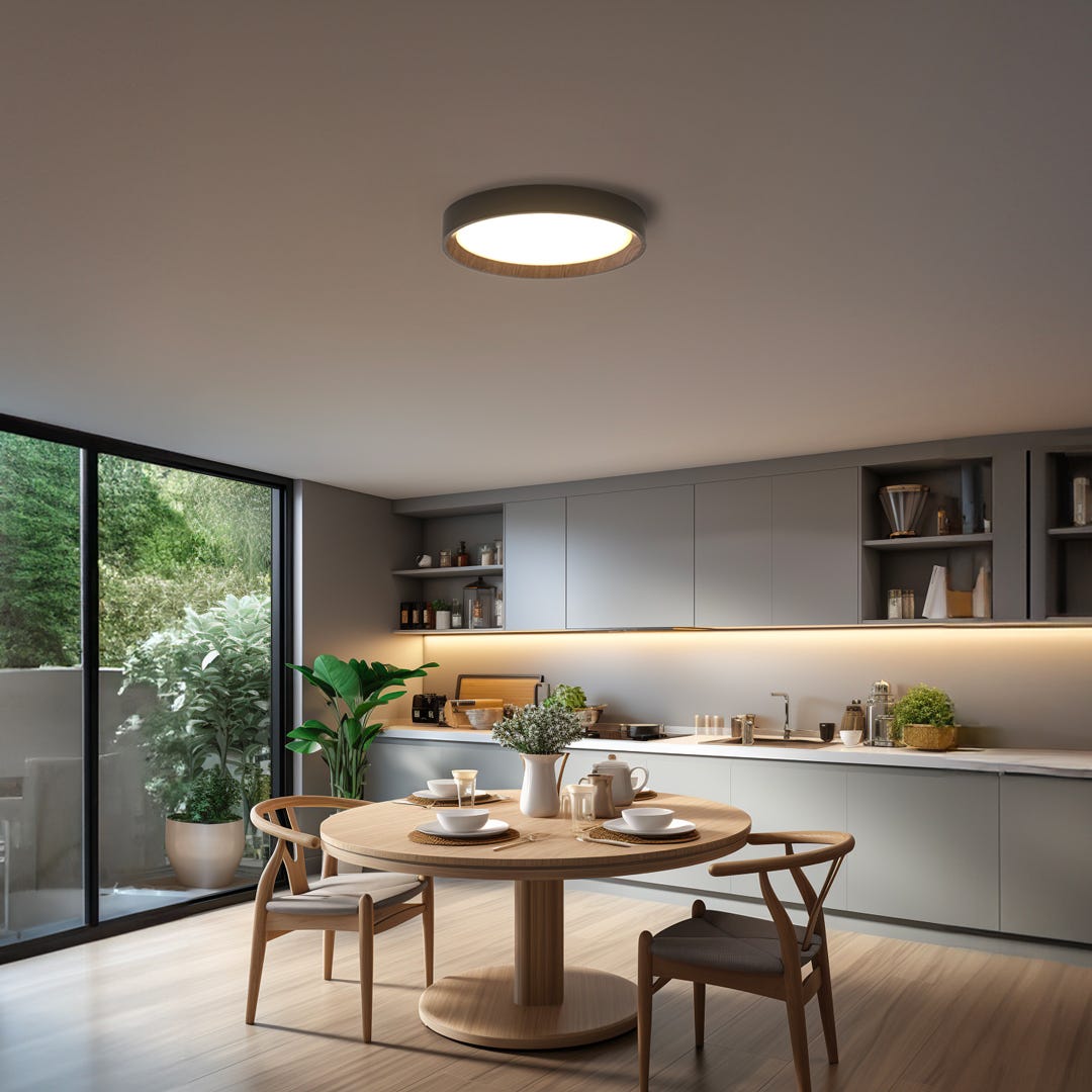 Ceiling Light, 24W, 1320 Lumens, Black and Wood, 15 in.