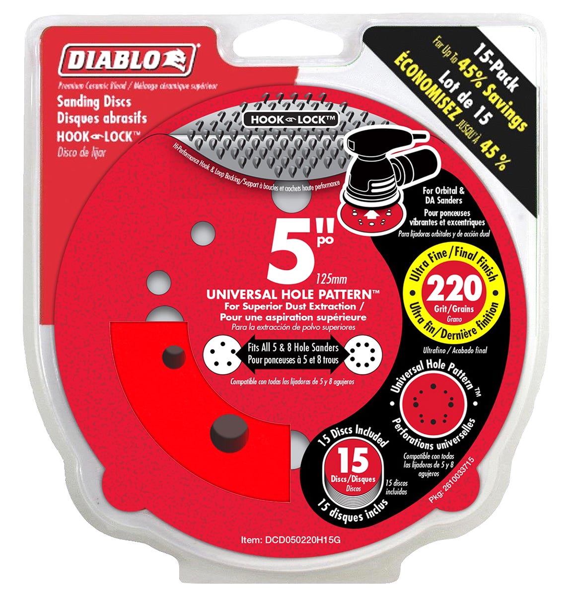 Sanding Discs, 5 in., 220 grit, 15/Pack