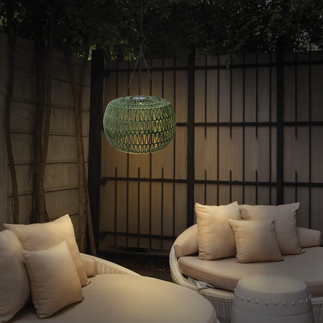 Solar Pendant Light in Rattan, Green, Warm White LED