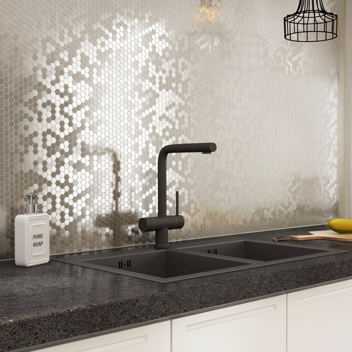 HEXAGONIA Stainless Self-Adhesive Mosaic Tile, 5 mm, 11.4 in. x 11.9 in., Silver