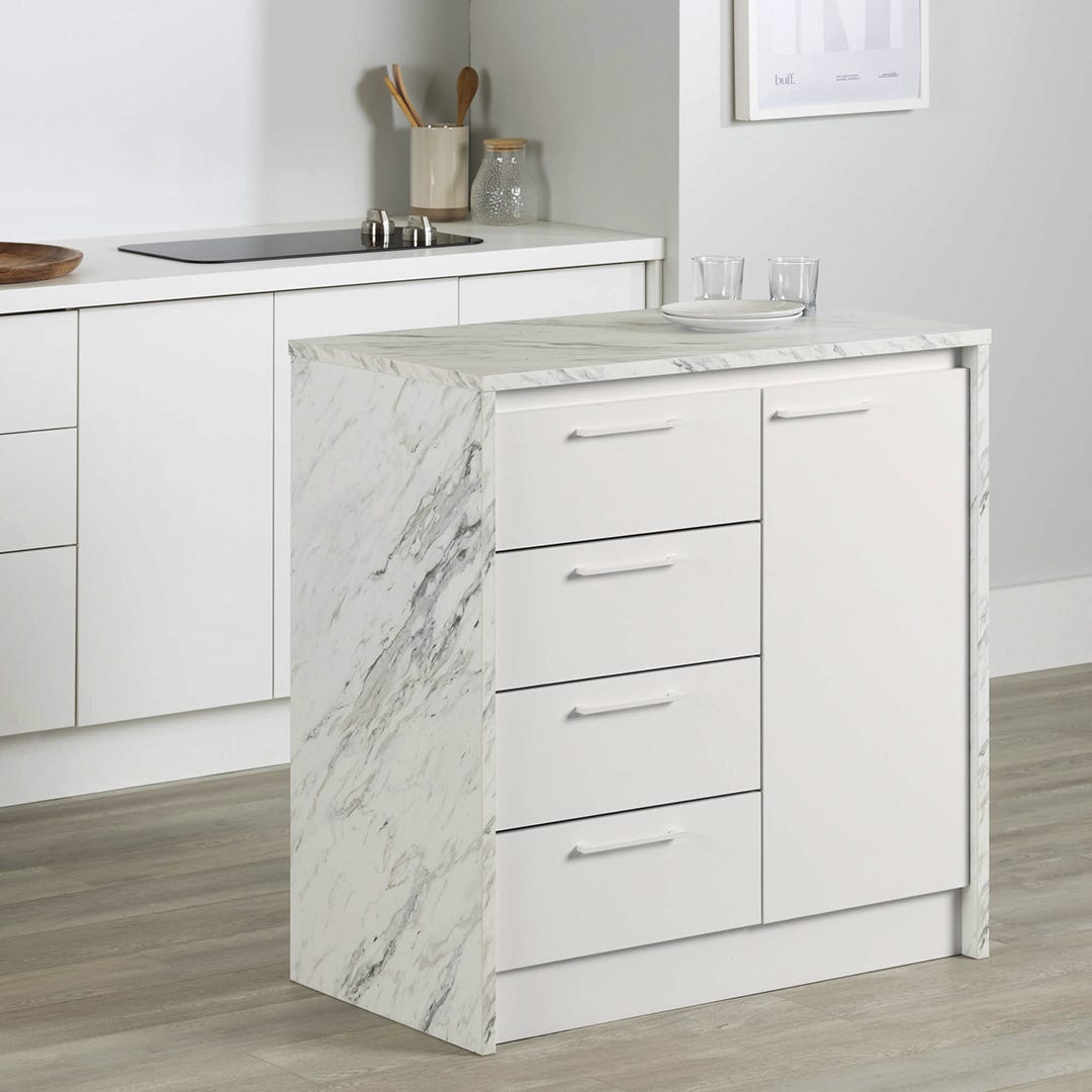 MYRO Compact Kitchen Island with Storage, White Faux Marble