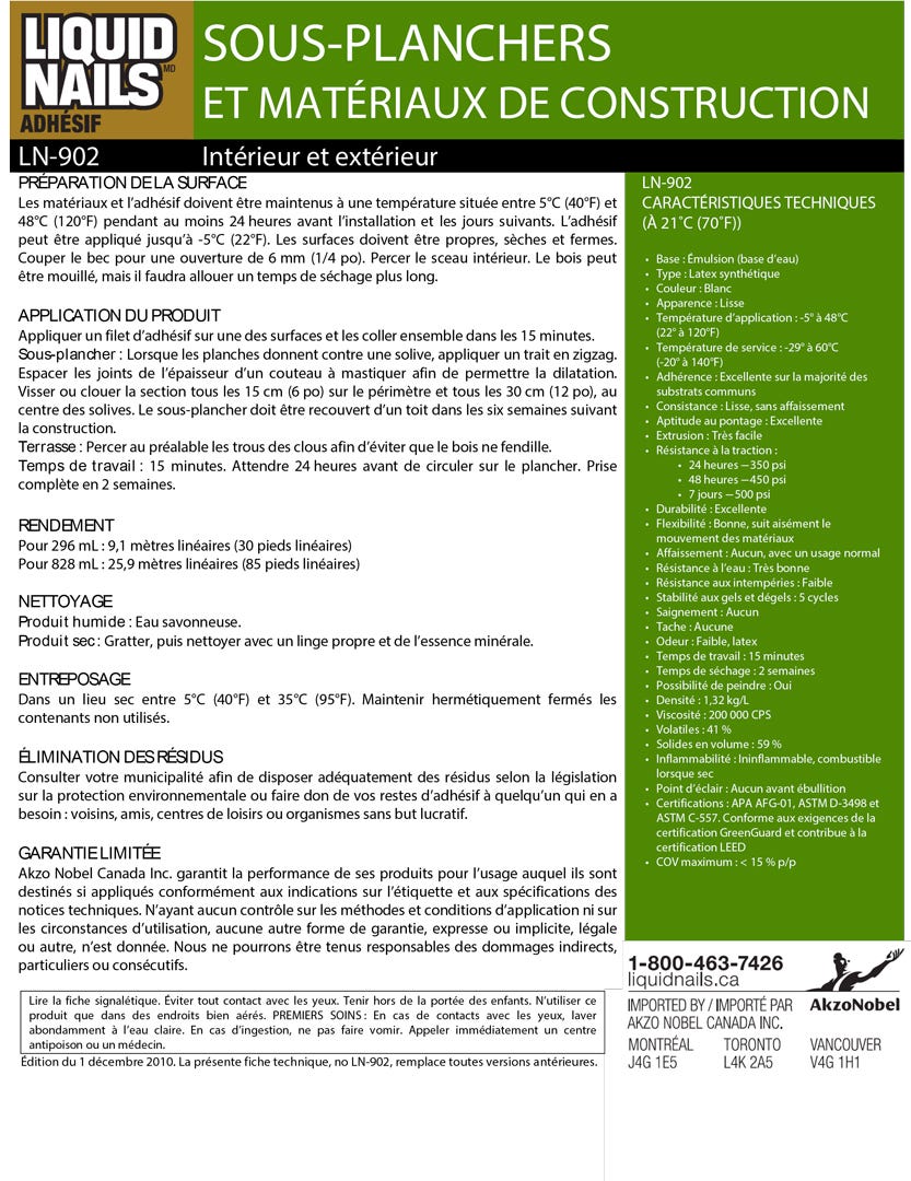 Adhesive Interior/Exterior Non-Flammable, Subfloor/Construction Materials