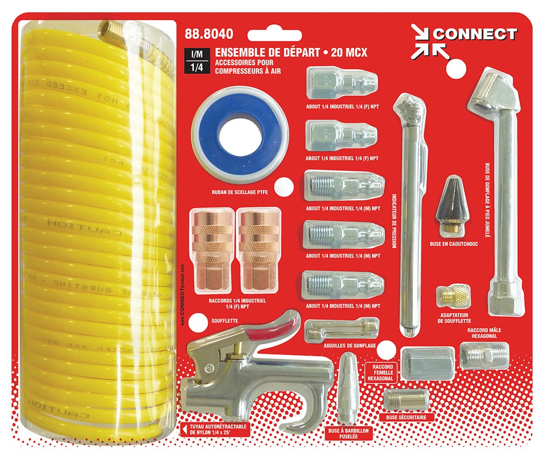 Air compressor accessory kit with nylon self-storing air hose