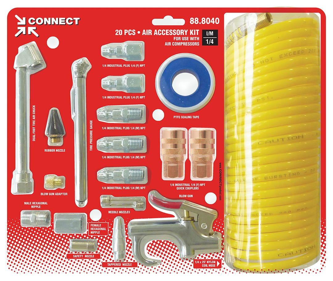 Air compressor accessory kit with nylon self-storing air hose