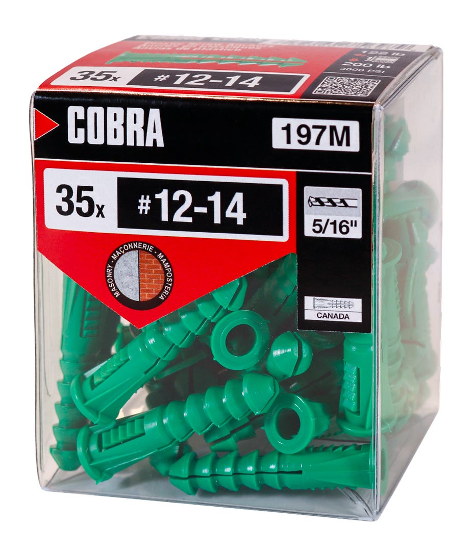 Plastic Anchor, #12 and #14, + Screws x 1-3/4 in., Green, 35/Pack