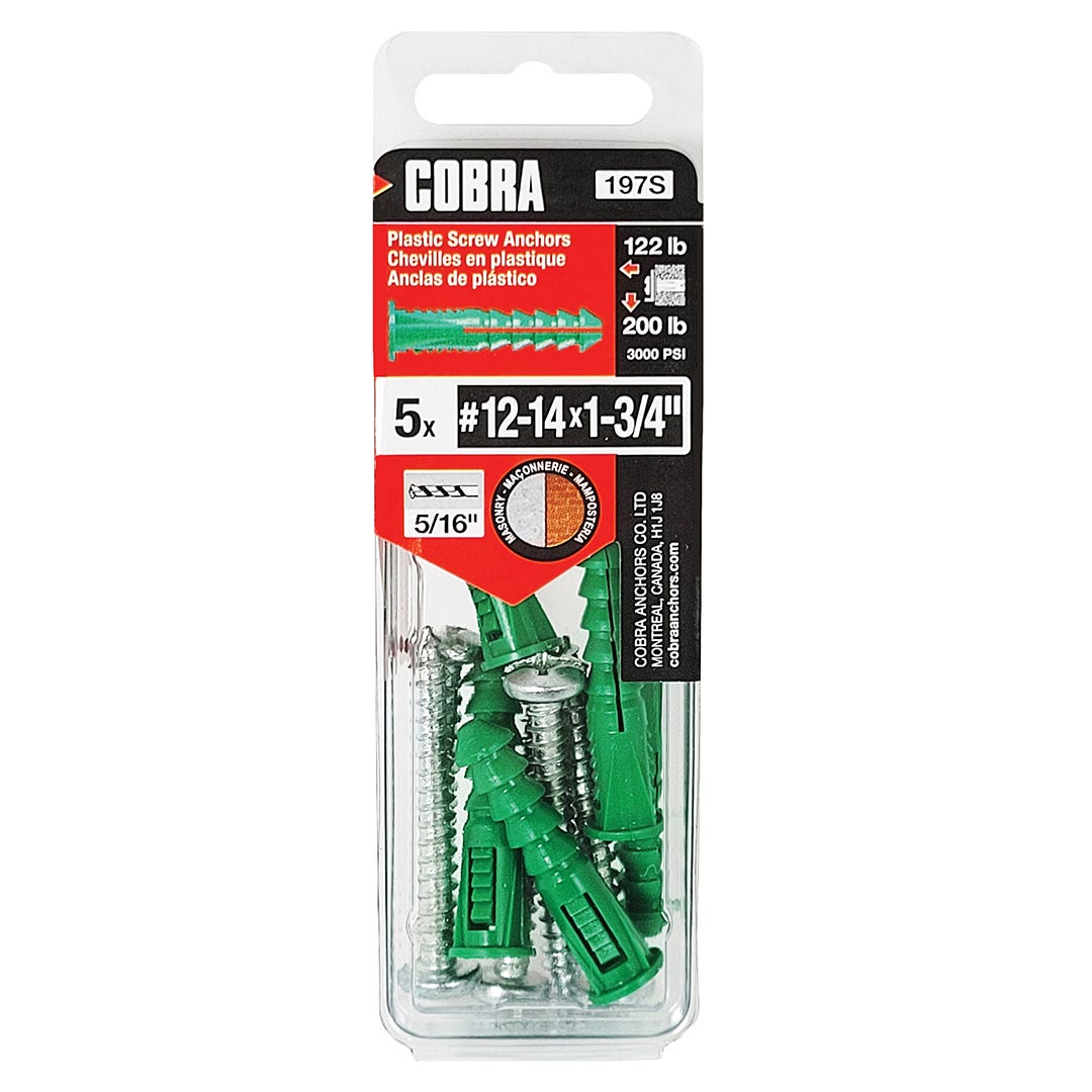 Plastic Anchor, #12 and #14, + Screws x 1-3/4 in., Green, 5/Pack