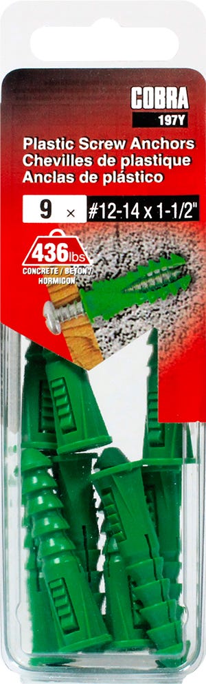 Plastic Anchor, #12 and #14, without Screws, Green, 9/Pack