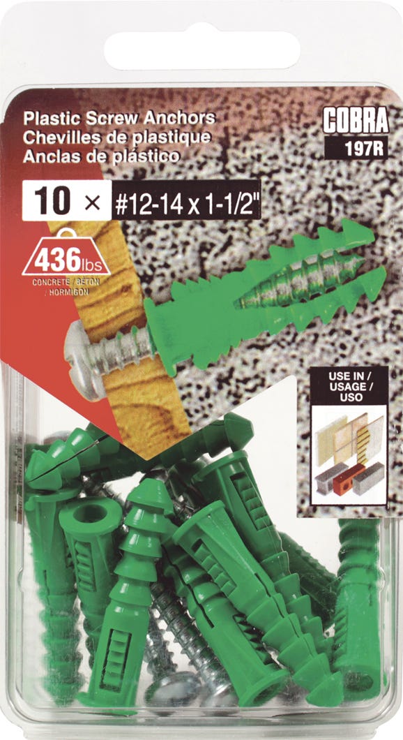 Plastic Screw Anchor, #12 and #14, + Screws 1-3/4 in., 10/Pack