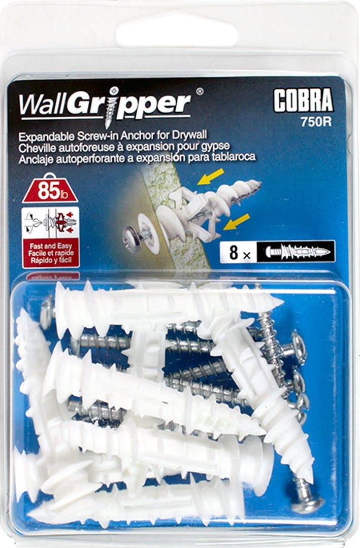 WALLGRIPPER Expandable Scews-in Anchor for Drywall, #8, + Pan head Screws x 2-1/4 in., 8/Pack