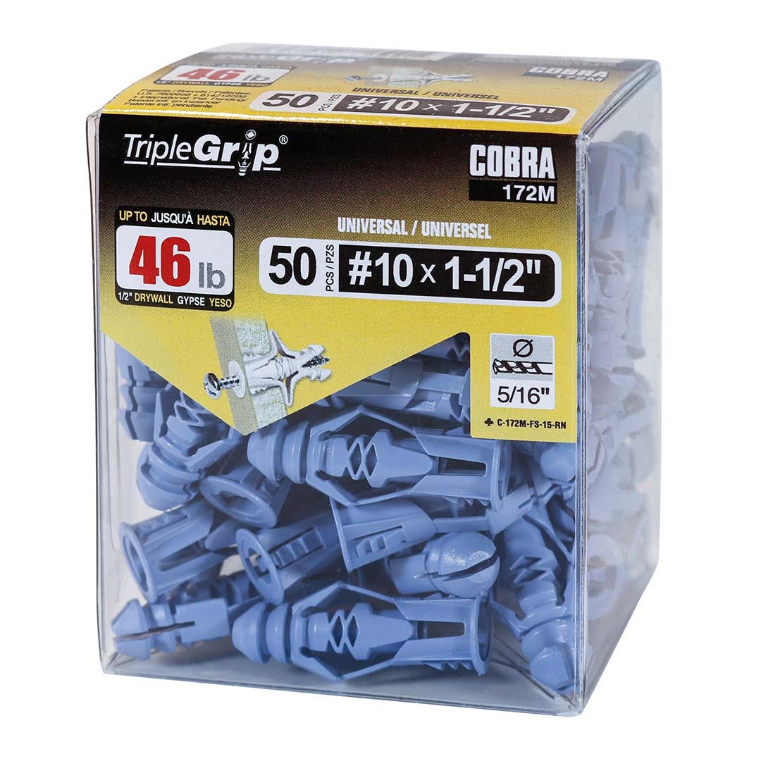 TRIPLEGRIP Anchors, #10, Without Screw, Blue, 50/Pack