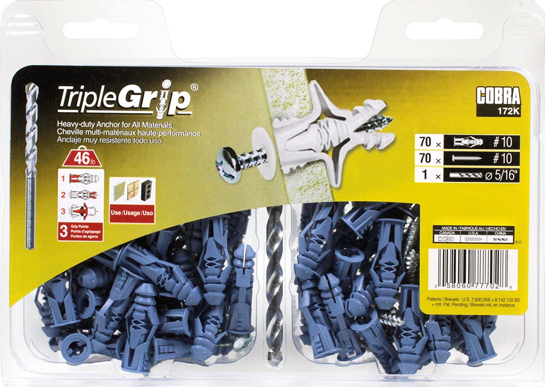 TRIPLEGRIP Anchors, Nylon, #10+Screws+Drill, 70/Pack