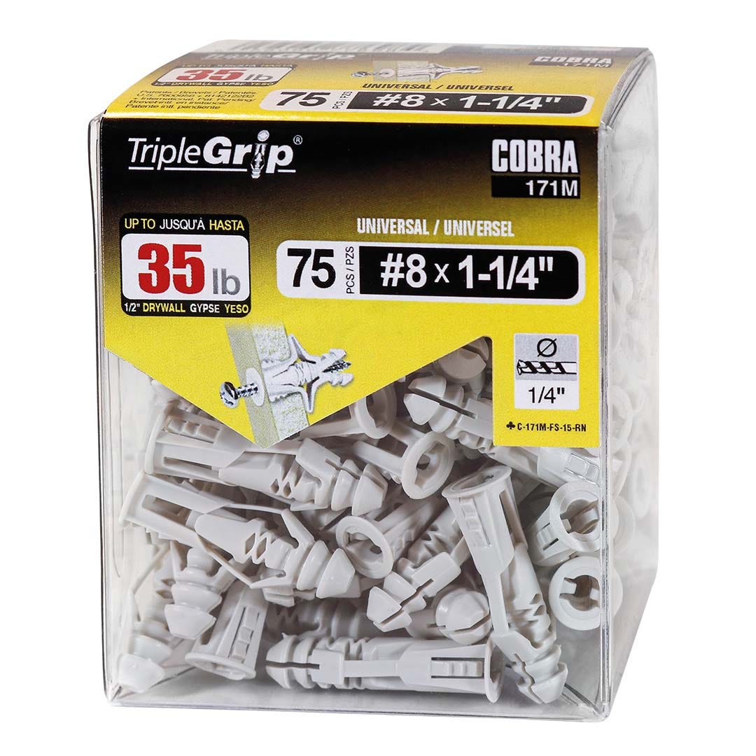 TRIPLEGRIP Anchors, #8, Without Screw, Grey, 75/Pack