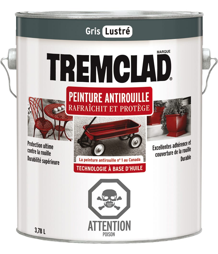 Anti-Rust Paint Oil-Based, Gloss Finish, Grey, 3.78 L
