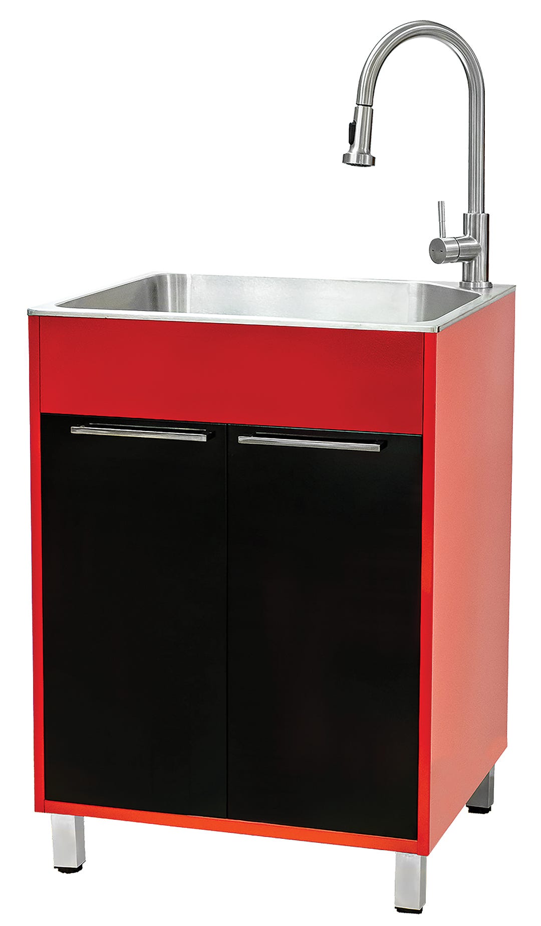 Metal cabinet with sink, faucet and strainer