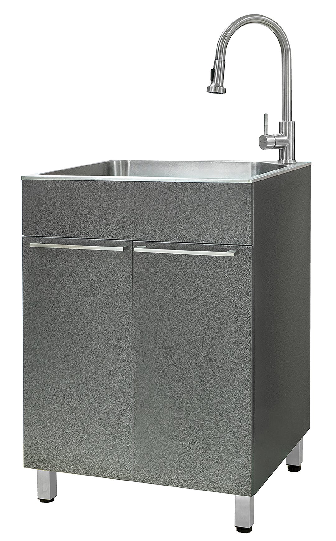 Metal cabinet with sink, faucet and strainer