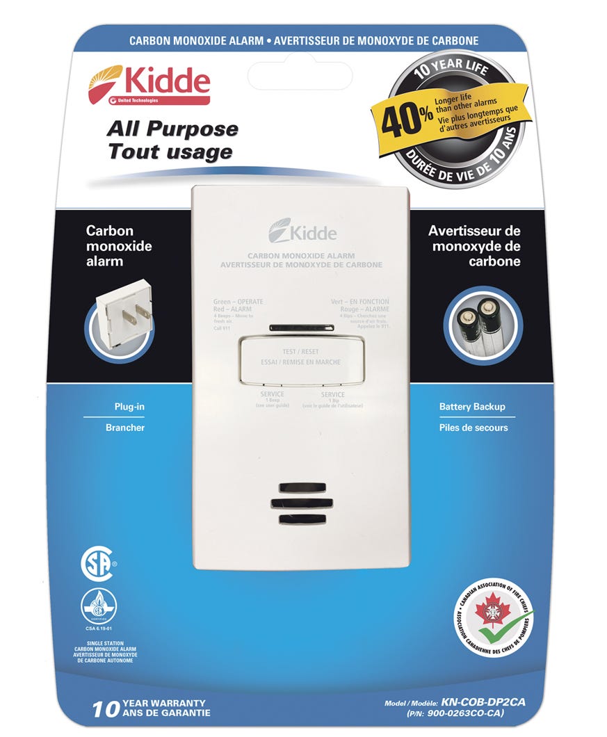 Carbon monoxide alarm plug-in with battery backup