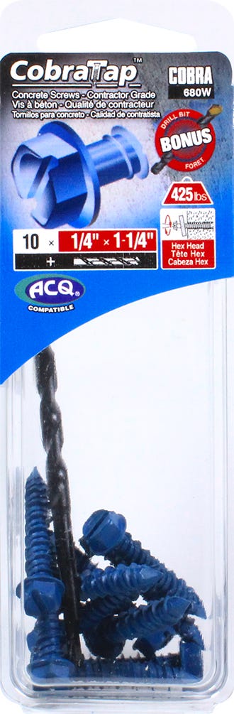Hex Head Concrete Screw, 1/4 in. x 1-1/4 in. + Drill Bit, 10/Pack