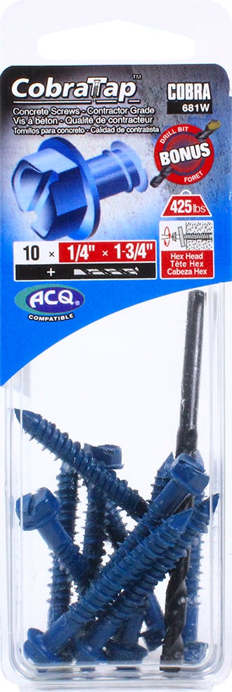 Hex Head Concrete Screw, 1/4 in. x 1-3/4 in. + Drill Bit, 10/Pack