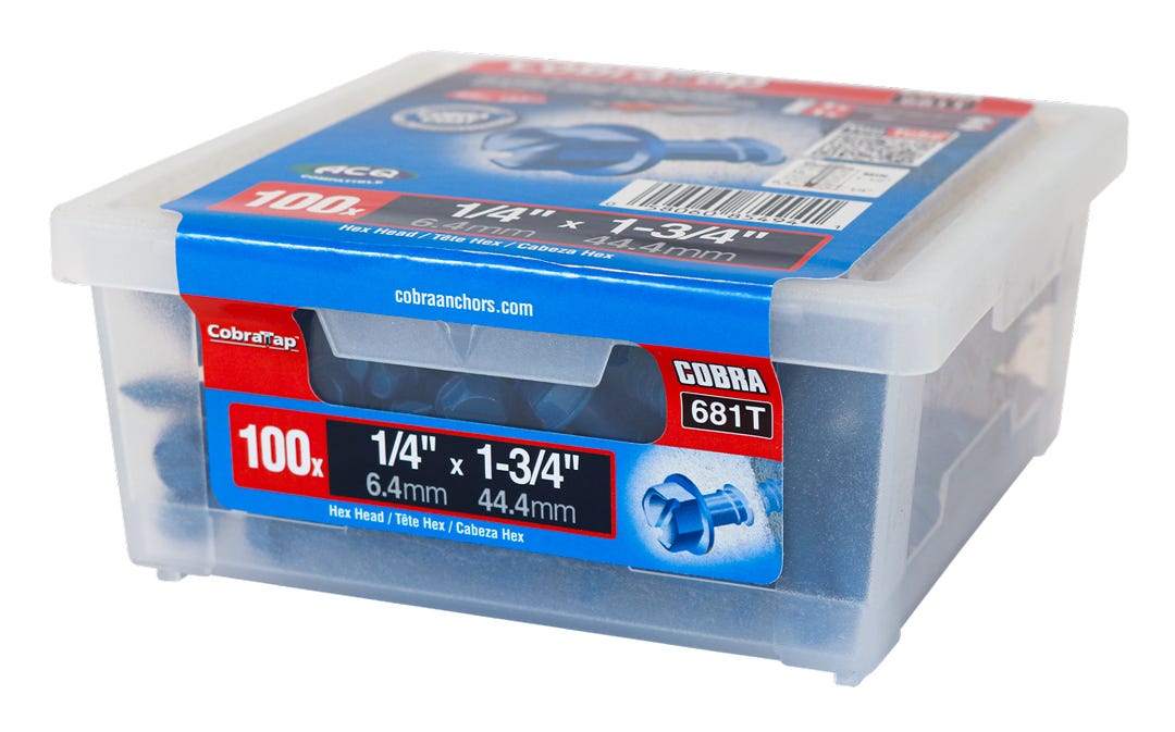 Hex Head Concrete Screw, 1/4 in. x 1-3/4 in.. + Drill and Drive Bit, 100/Pack