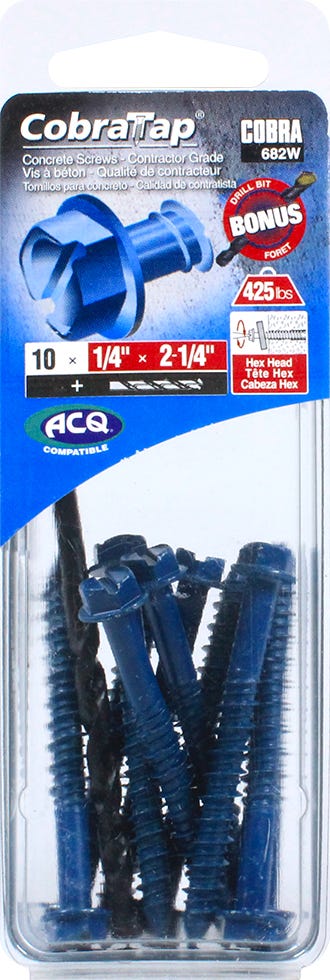 Hex Head Concrete Screw, 1/4 in. x 2-1/4 in. + Drill Bit, 10/Pack