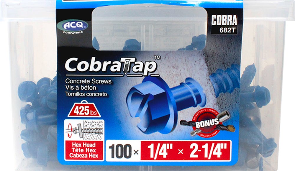 Hex Head Concrete Screw, 1/4 in. x 2-1/4 in.. + Drill and Drive Bit, 100/Pack