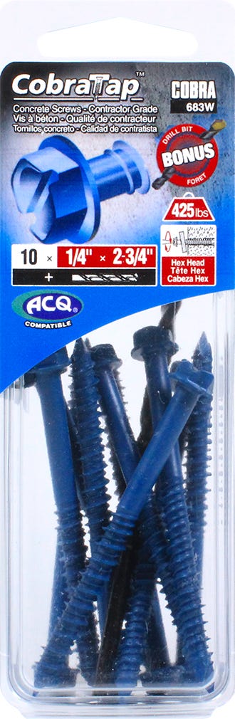 Hex Head Concrete Screw, 1/4 in. x 2-3/4 in. + Drill Bit, 10/Pack