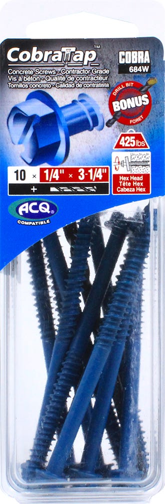 Hex Head Concrete Screw, 1/4 in. x 3-1/4 in. + Drill Bit, 10/Pack