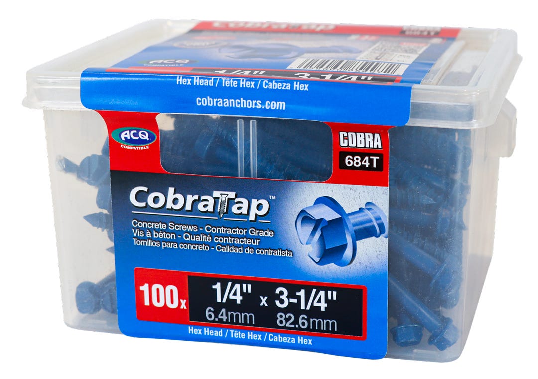 Hex Head Concrete Screw, 1/4 in. x 3-1/4 in.. + Drill and Drive Bit, 100/Pack