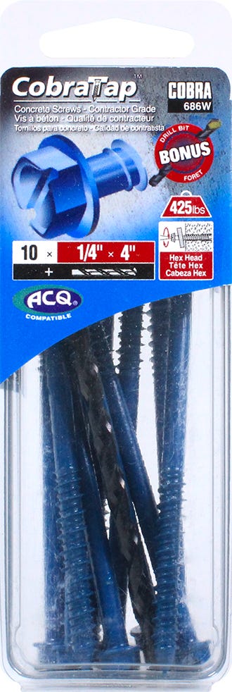 Hex Head Concrete Screw, 1/4 in. x 4 in. + Drill Bit, 10/Pack