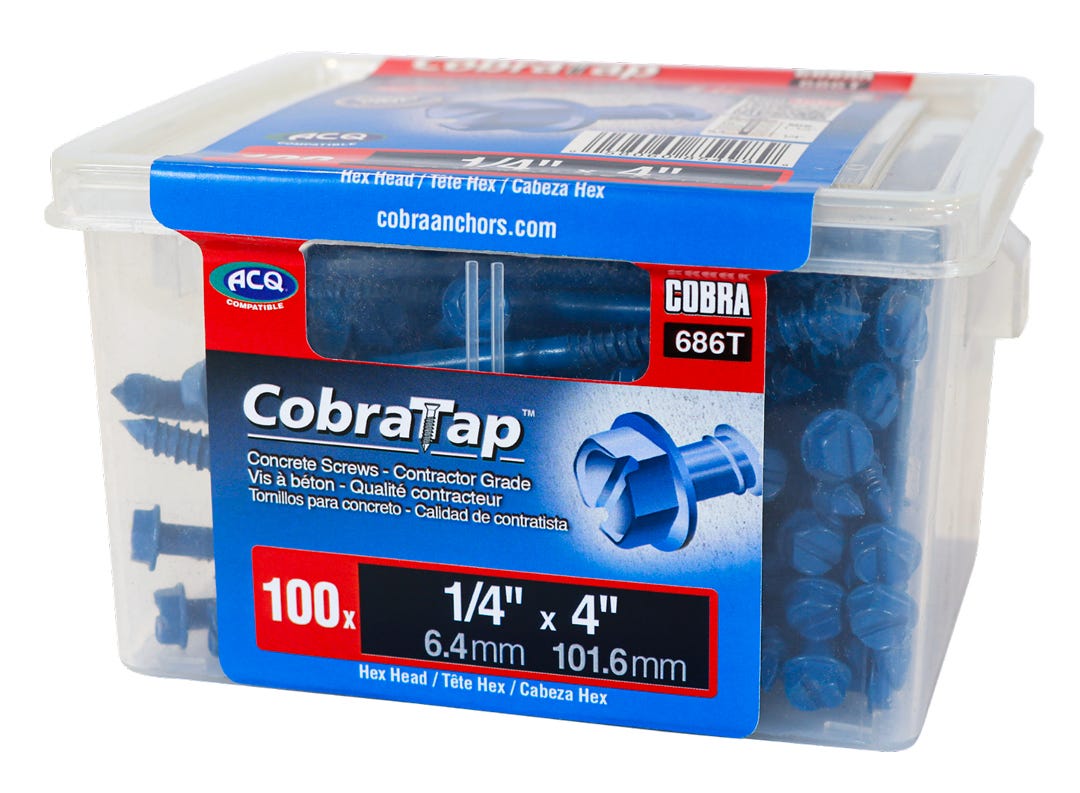 Hex Head Concrete Screw, 1/4 in. x 4 in.. + Drill and Drive Bit, 100/Pack