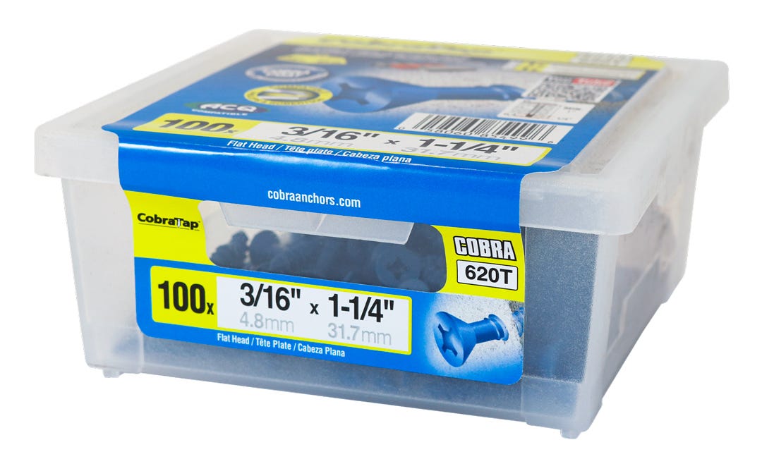 Flat Head Concrete Screw, 3/16 in. x 1-1/4 in. + Drill and Drive Bit, 100/Pack