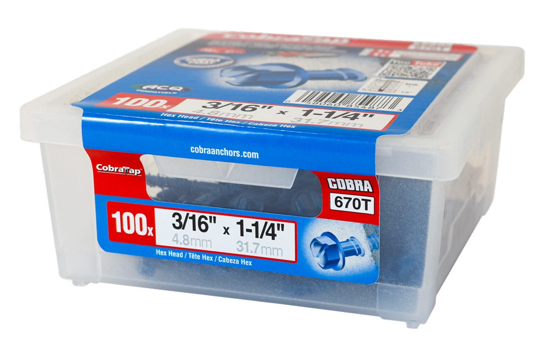 Hex Head Concrete Screw, 3/16 in. x 1-1/4 in. + Drill and Drive Bit, 100/Pack