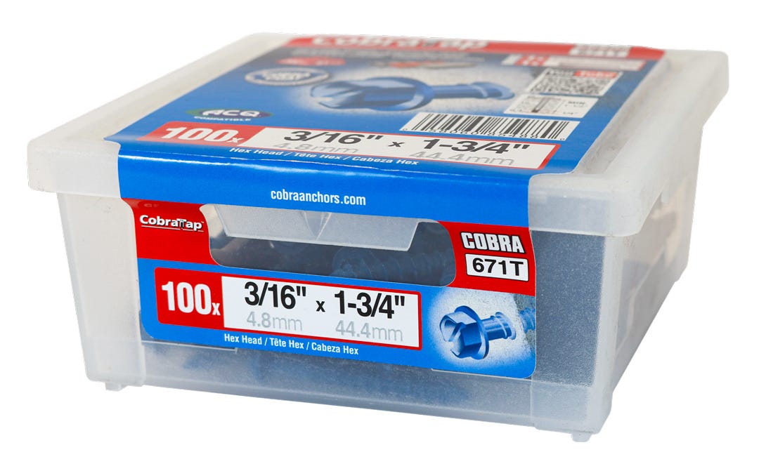 Hex Head Concrete Screw, 3/16 in. x 1-3/4 in. + Drill and Drive Bit, 100/Pack