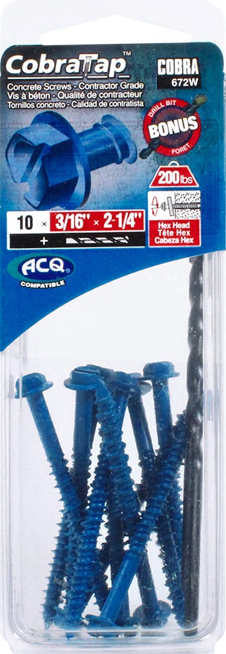 Hex Head Concrete Screw, 3/16 in. x 2-1/4 in. + Drill Bit, 10/Pack