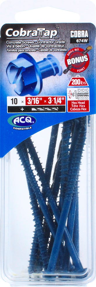 Hex Head Concrete Screw, 3/16 in. x 3-14 in. + Drill Bit, 10/Pack